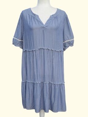 NAIF Blue & White Pin Striped Ruffle Tiered Popover Babydoll Midi Dress ~ PL